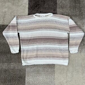 Erika Striped Knit Sweater Ramie Blend Tan/White Womens L Fisherman Earth tone